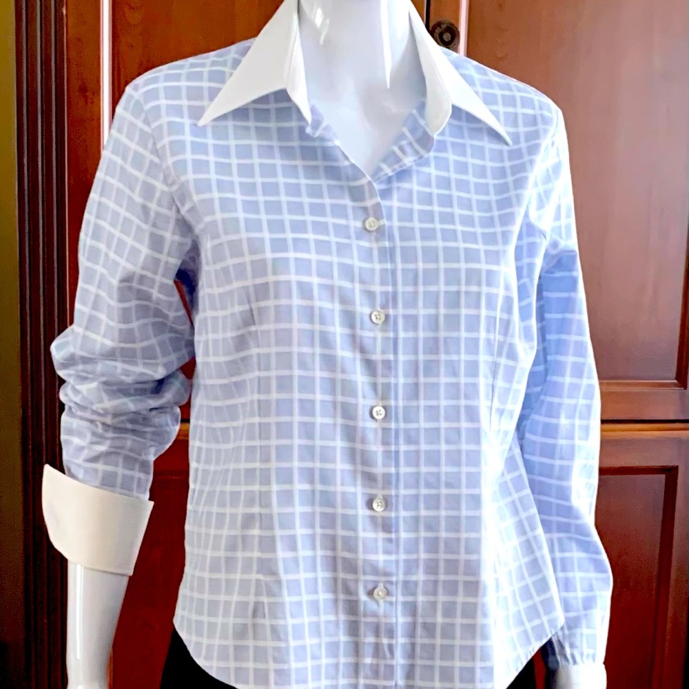 Blue & white check pattern button up cotton dress shirt white collar French cuff